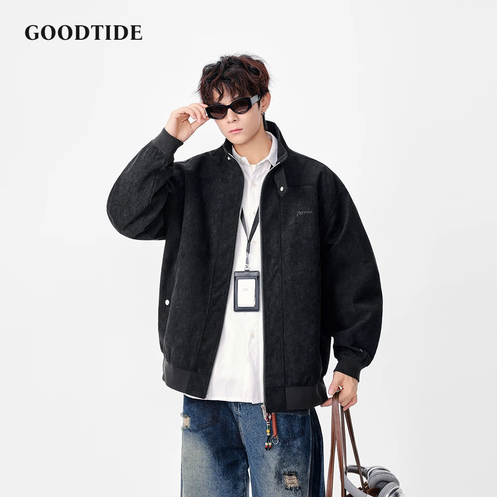 

Мужская повседневная куртка на молнии черного цвета с воротником-стойкой и текстурированным дизайном Модная осенне-зимняя повседневная одежда Верхняя одежда