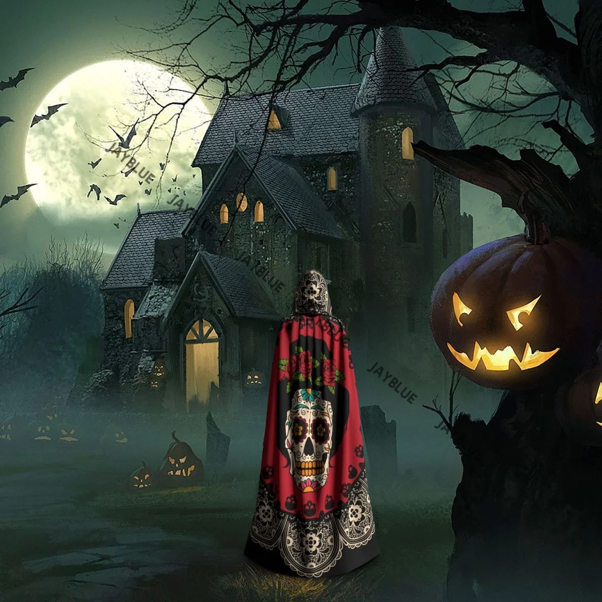 Hooded Cloak Unisex Cloak with Hood Frame With Mexican Skull Woman Cloak Vampire Witch Cape Cosplay Costume