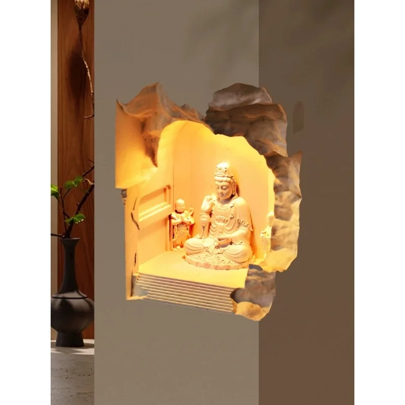 New Style Chinese-Style Gypsum Wall-Mounted Recessed Buddha Statue Traditional Chinese Style Built-In Corner Sensor Sconce Light