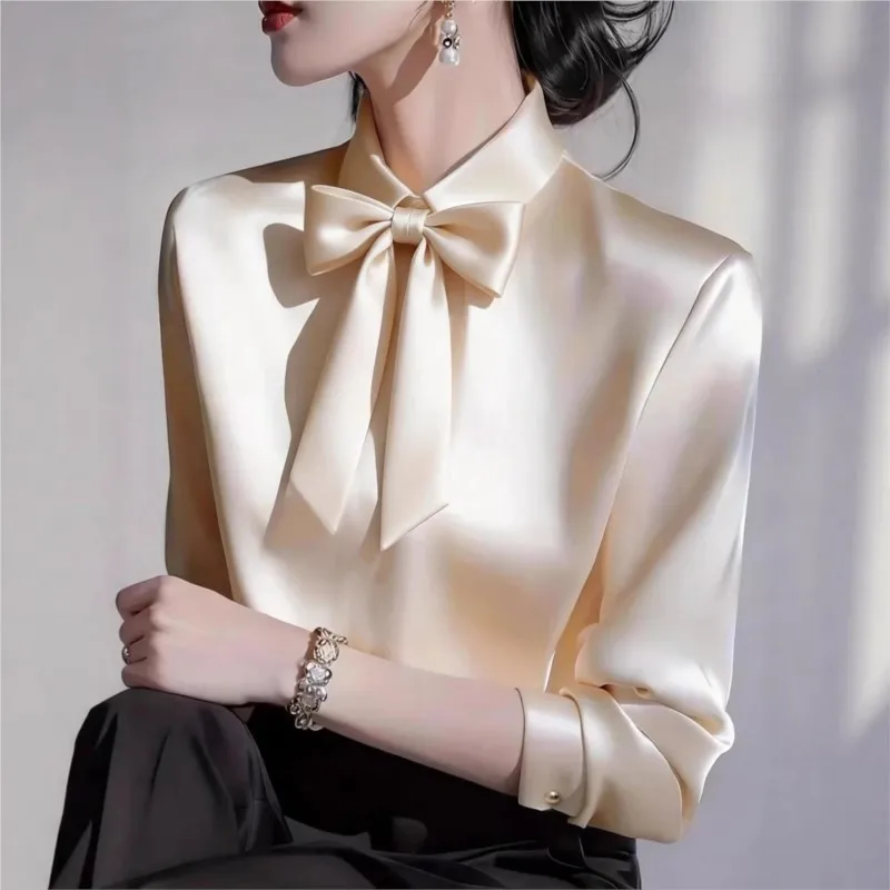 

Fashion Satin Shirt Tops 2026 Summer Lace-up Blouses for Women Short Sleeved Solid color Pullover Tops Office Work Shirt
