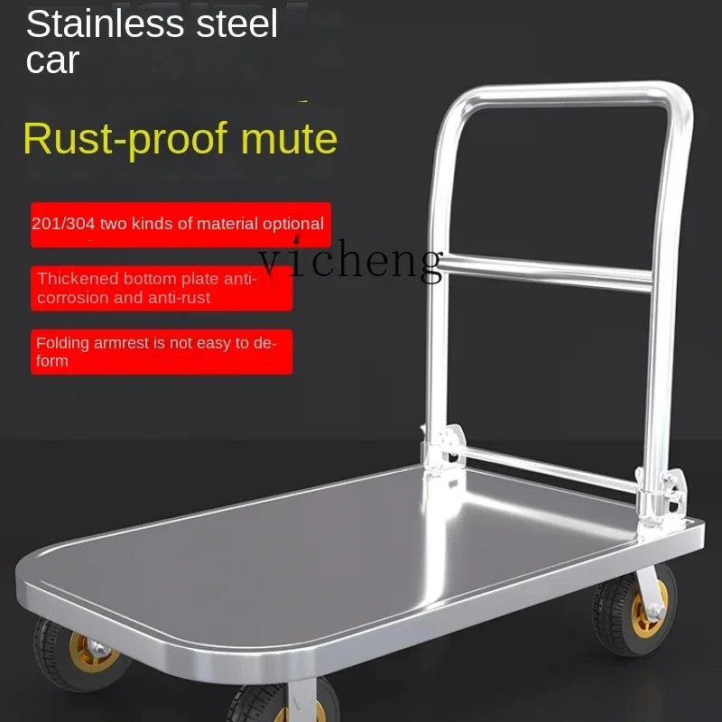 stainless steel flatbed truck pulling goods folding trolley handling small cart shopping