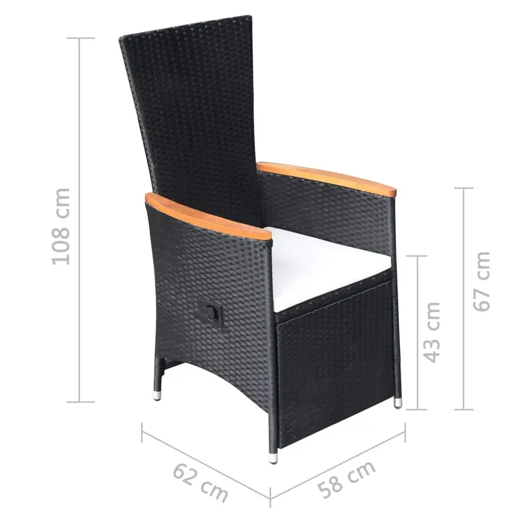 Patio Reclining Chairs 2pcs Black Poly Rattan Wicker Cushions Backrest Armrests All Weather Outdoor Dining Set, Customized