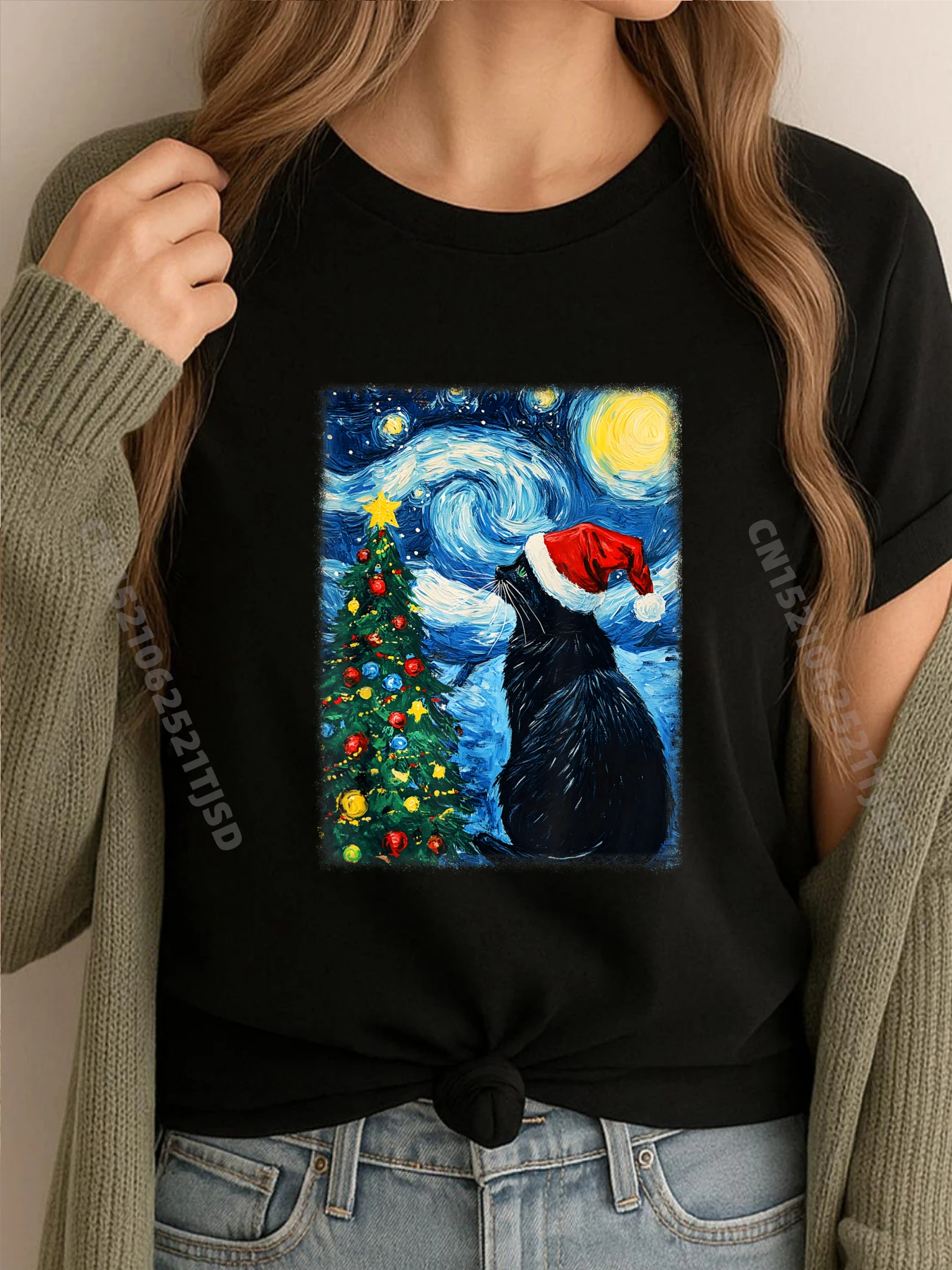 

Черный кот, рождественский кот, любители звездной ночи, кот Ван Гог, рубашки с рисунком кота, женская мужская футболка высокого качества