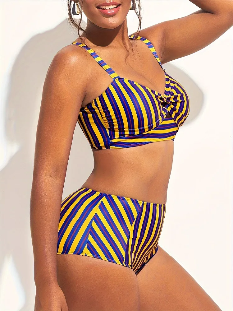 Women Holiday Large Size Strip Print Bikini Sets Sexy Corset Holiday Swimwear Women Lingerie Bathing Suit Beach Two Piece Suit