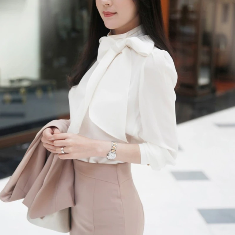 Work Style OL Elegant Puff Sleeve Blouse Korean Chic Loose Bow Chiffon Shirts Women Solid All-match Spring Blusas Mujer Moda