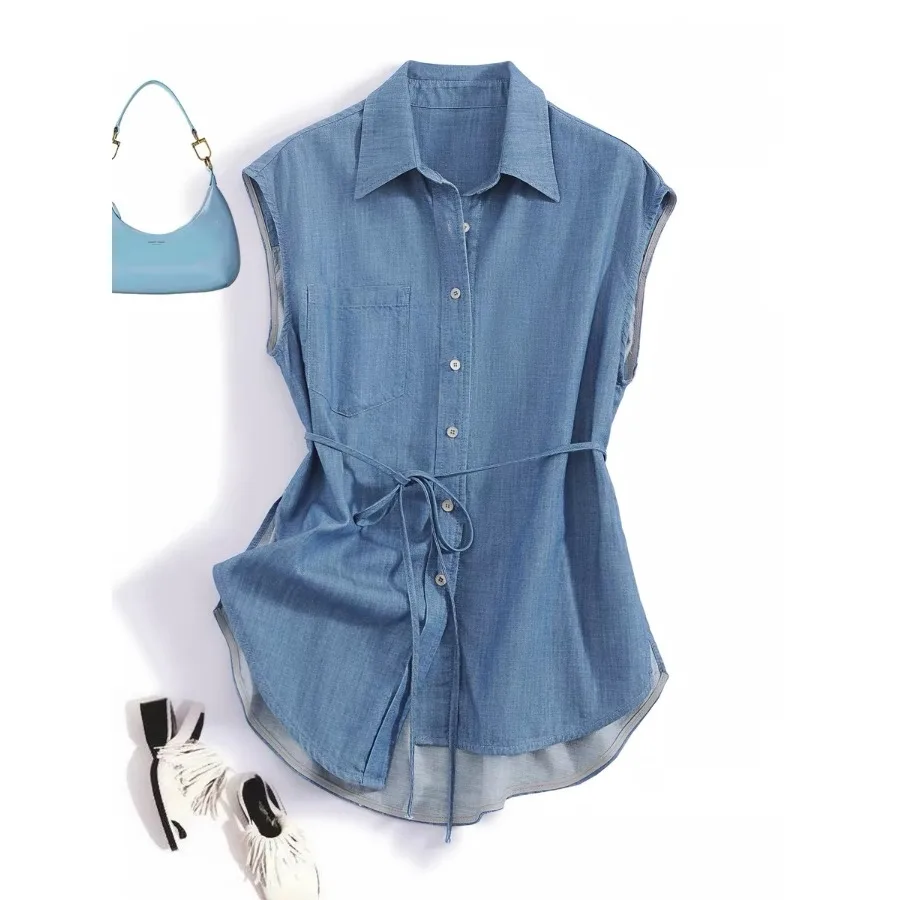 

Loose Women's Summer Shirt No-Sleeve Denim Waist-Cinching Belted Coat Stylish Commute Style Artistic Loose Fit Shirt