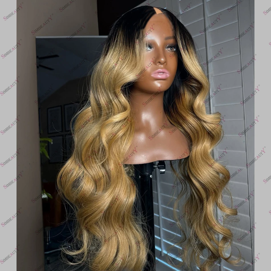 

Ombre Honey Blonde Body Wave Human Hair U Part Wig Glueless Machine Made 1x4 V Part Wig Peruvian Remy Hair Easy Install Cheapwig