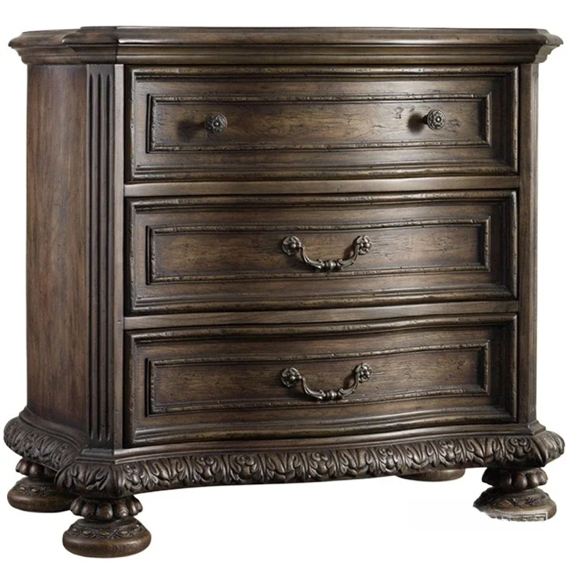 

Solid wood bedside French oak engraved retro three-draw cabinet, storage bedside drawer storage cabinet