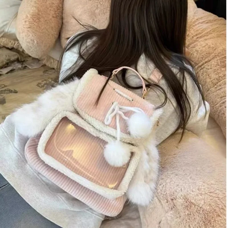 حقيبة ظهر لطيفة من القطيفة لخريف وشتاء 2025، حقيبة أذن أرنب وردية متعددة الاستخدامات، حقيبة ألم كاجوال وبسيطة ذات سعة كبيرة #3