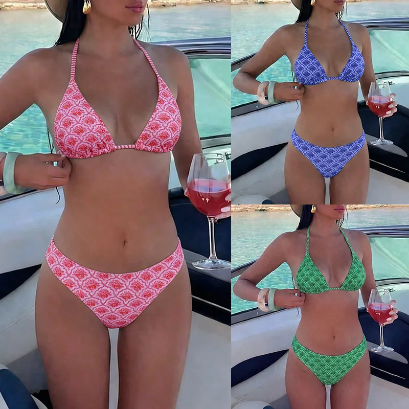 New Bikini Print Neck Strap Swimsuit Set Sexy Bikini Vacation Swimsuit for Women