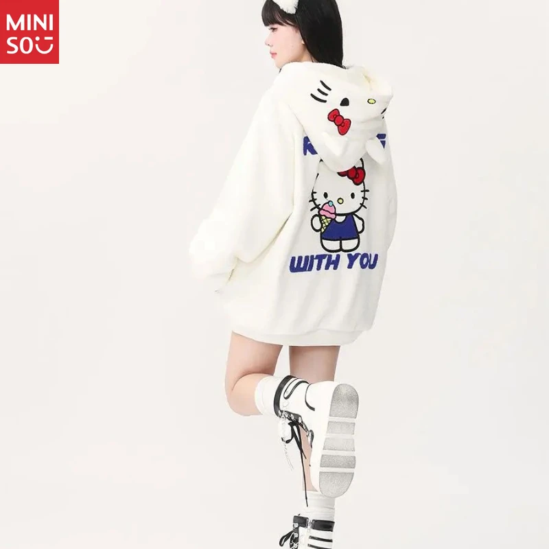 Miniso Cozy Hello Kitty Hooded Jacket, Cute Plush Fleece-Lined Winter Coat for Women