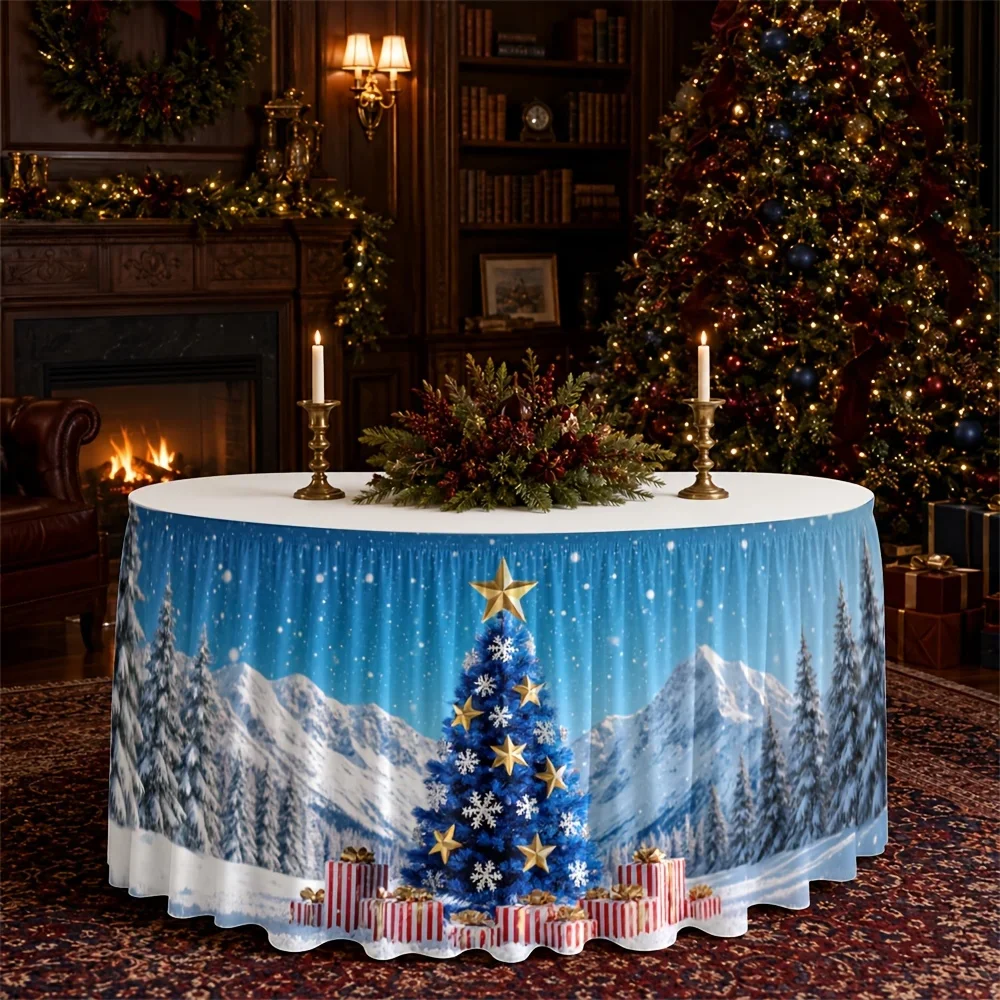 One table skirt, Christmas tree, snowy mountain winter wonderland, polyester, festival, joy, comfort, elegance, traditionxzj