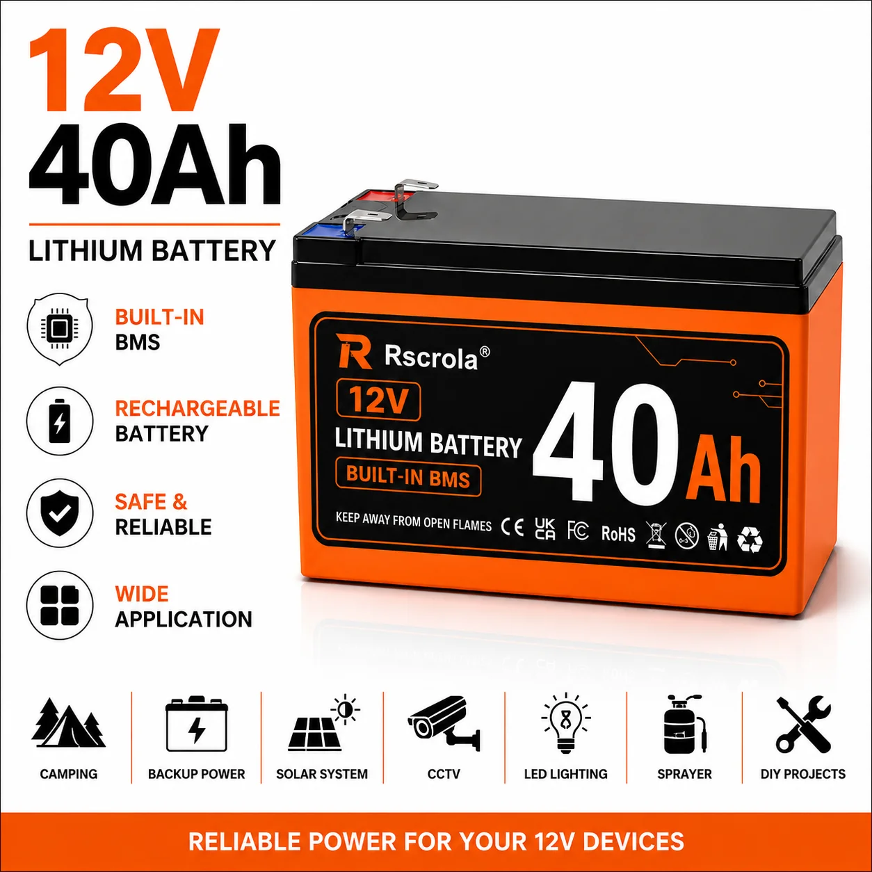 12V 40Ah Lithium Battery with BMS Rechargeable Blade Cell Battery for Solar System Camping CCTV LED Lighting Electric Sprayer
