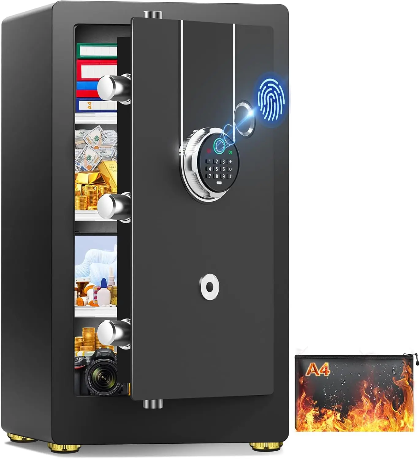 

Огнестойкий биометрический сейф 23,62 дюйма с водонепроницаемой сумкой, большим отделением для документов, двойной системой защиты от кражи