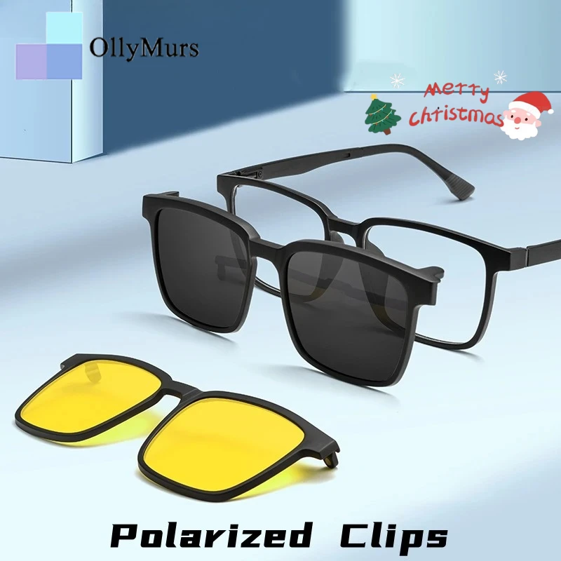 

OLLYMURS модные квадратные очки с магнитным зажимом, поляризационные очки ночного видения, оптическая оправа для очков по рецепту для мужчин и женщин 99105R