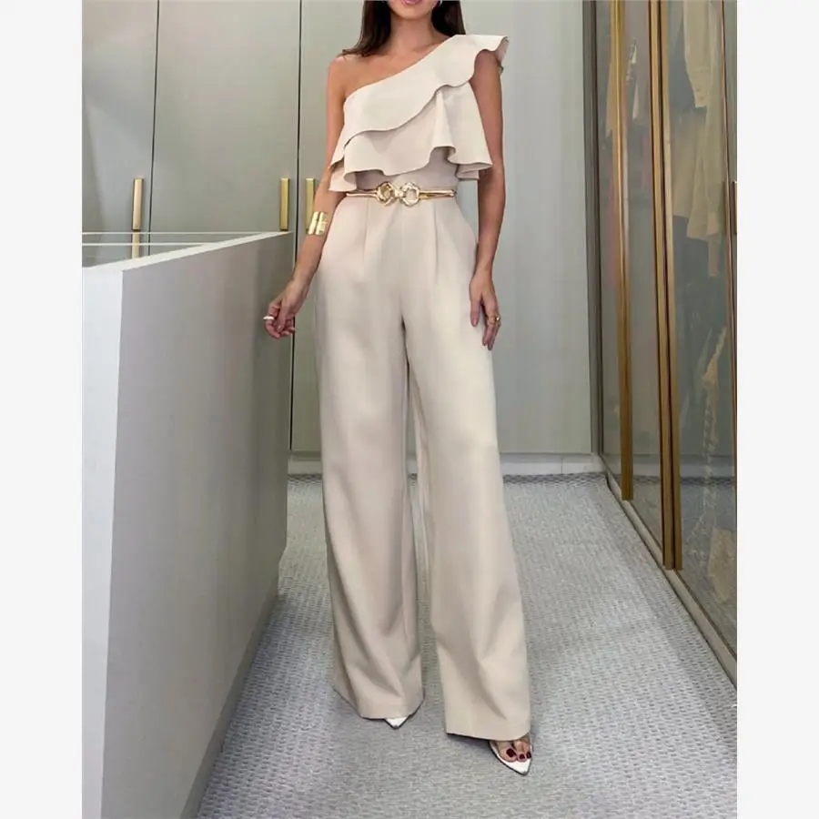 Women's Slim Fit One Shoulder Jumpsuits with Ruffles High Waist Long Pants Street Style Polyester Casual Pants