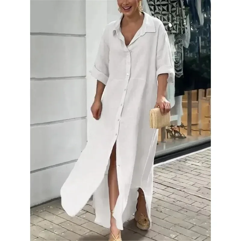 Summer Women\'s Loose Cotton Dress Solid Color Lapel Short Sleeved Casual Dress Button Slit Loose Long Dress  plus size