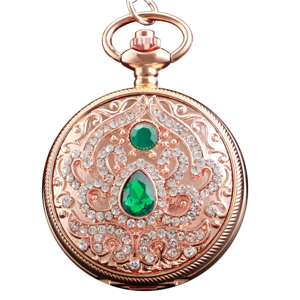 Exquisite Green Luxury Gemstone Diamond Rose Gold Quartz Pocket Watch Womens Necklace Clock Pendant Jewelry Accessories Gifts
