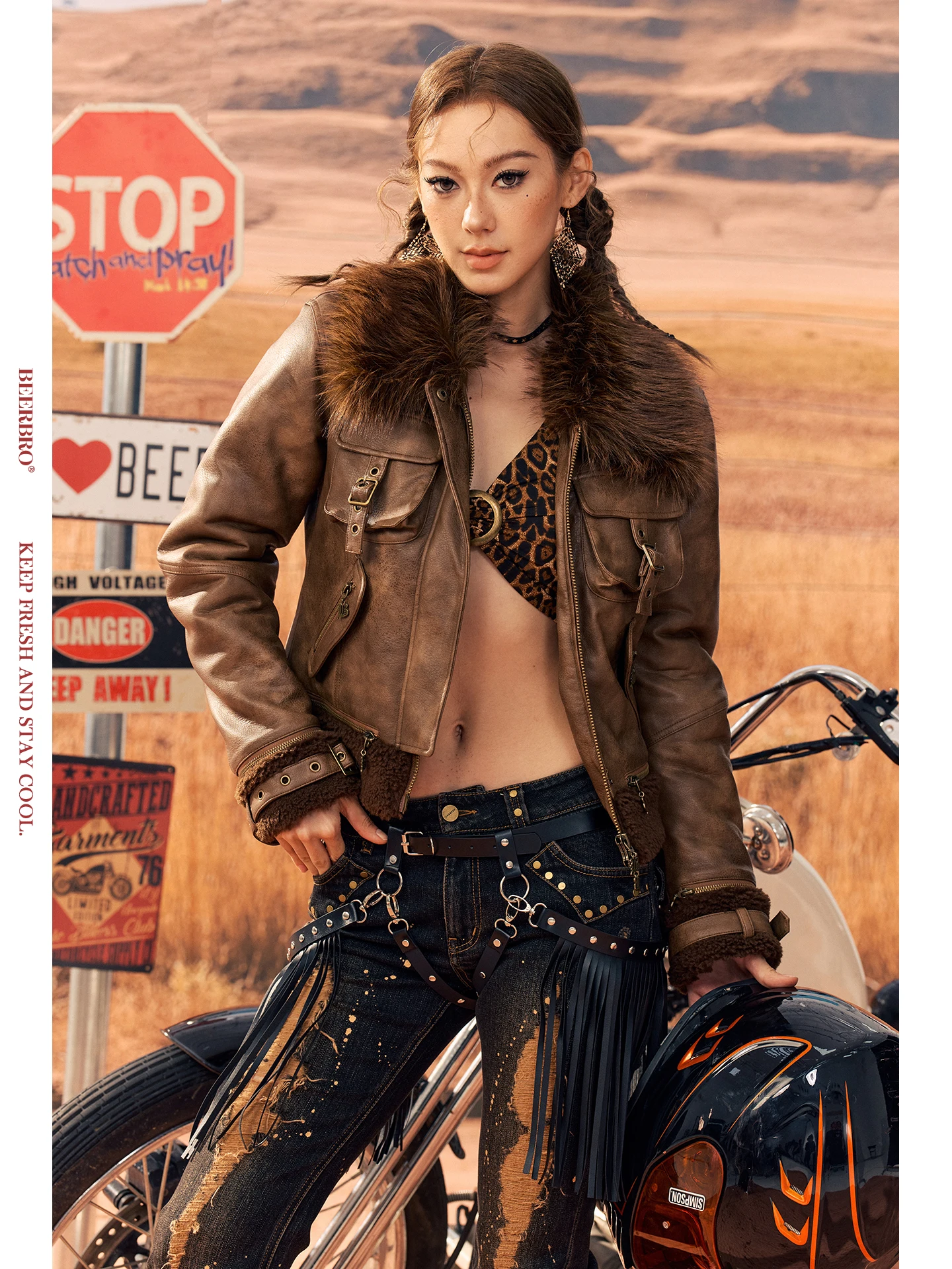 

BeerBro Road Speed Coated Lamb Fur Jaet Women's ort Sle Warmth Stand Fit Leather Sve Zipper Closure Pure Color