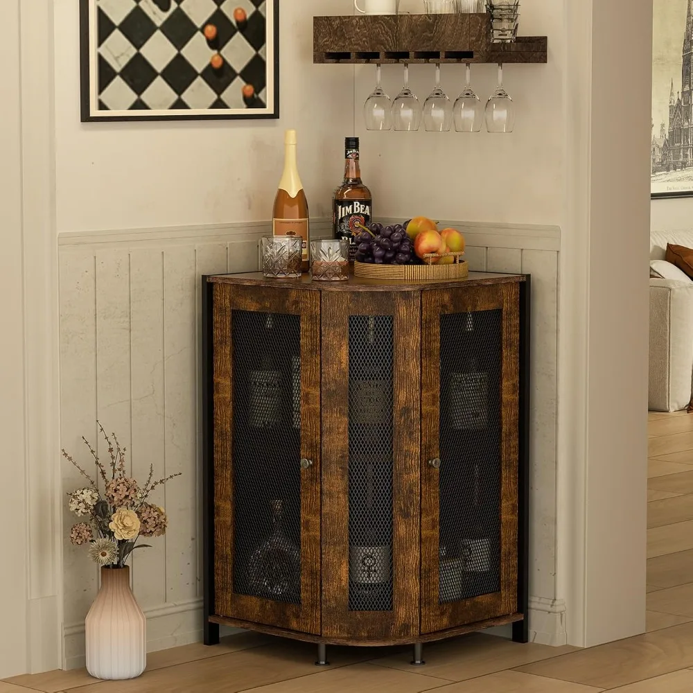 

Corner Storage Cabinet with Open Shelf, 3-Tier Industrial Wine Bar Cabinet with Door, Industrial Corner Cabinet