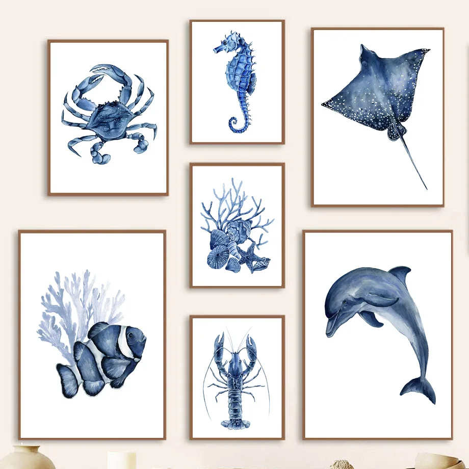 Seahorse Coral Ocean Posters And Prints Canvas Painting Wall Art Pictures Kids Room Home Decor Whale Dolphin Crab Fish Octopus