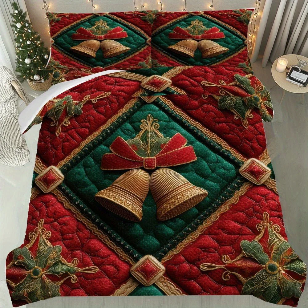 

LIFESMELLS 2/3pcs Christmas Bedspread Set - Red/Green/ Holly & Bells Bedding Set, Zippered Winter Comforter Cover