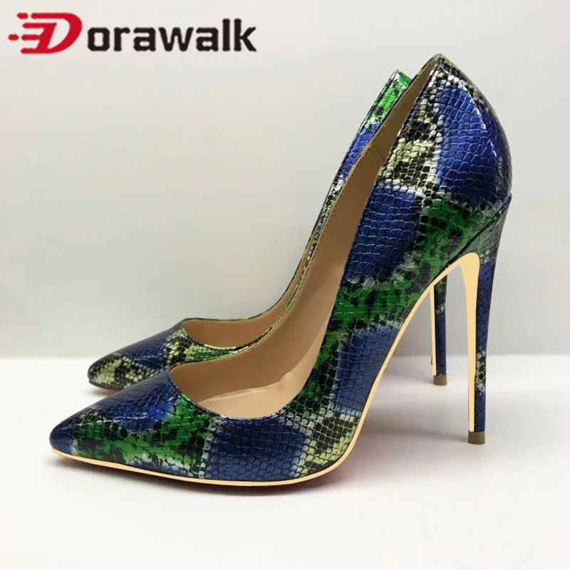 

Newly 12/10/8cm Female High Heel SEXY Snake pattern Pumps Slip on Pointed Toe Glossy Celebrity OL Office With Studs Dress Shoes
