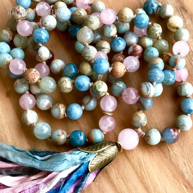 10Pcs 108 Mala Bead African Opal Rose Quartz Sari Silk Yoga Jewelry Chakra SACRED NECKLACES Grunge Boho  Jewelry for Women