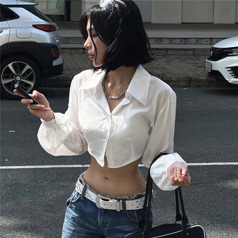 MEXZT Y2K 2000S Cropped White Shirts Women Sexy Hollow Out Long Sleeve Blouses Summer Streetwear Korean Slim Chic Crop Tops New