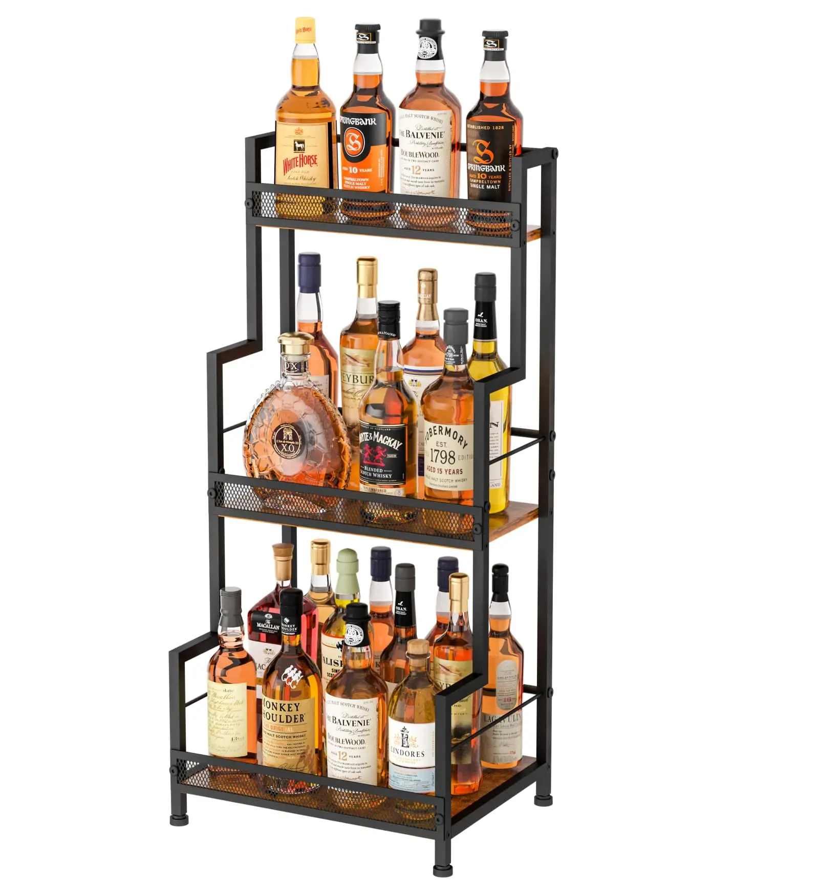 

Three-Tier Stepped Bar Shelf With Mesh Panels, Freestanding Corner Liquor And Wine Bottle Display Rack For Home Bar