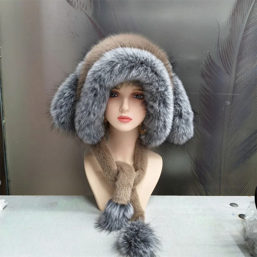 Winter Sales Earflap Hat Cute Plush Faux Fur Hats for Woman Beanie Cap Fluffy  Hat Cap Ears Warm Hood Scarf and Ear Women's Hat