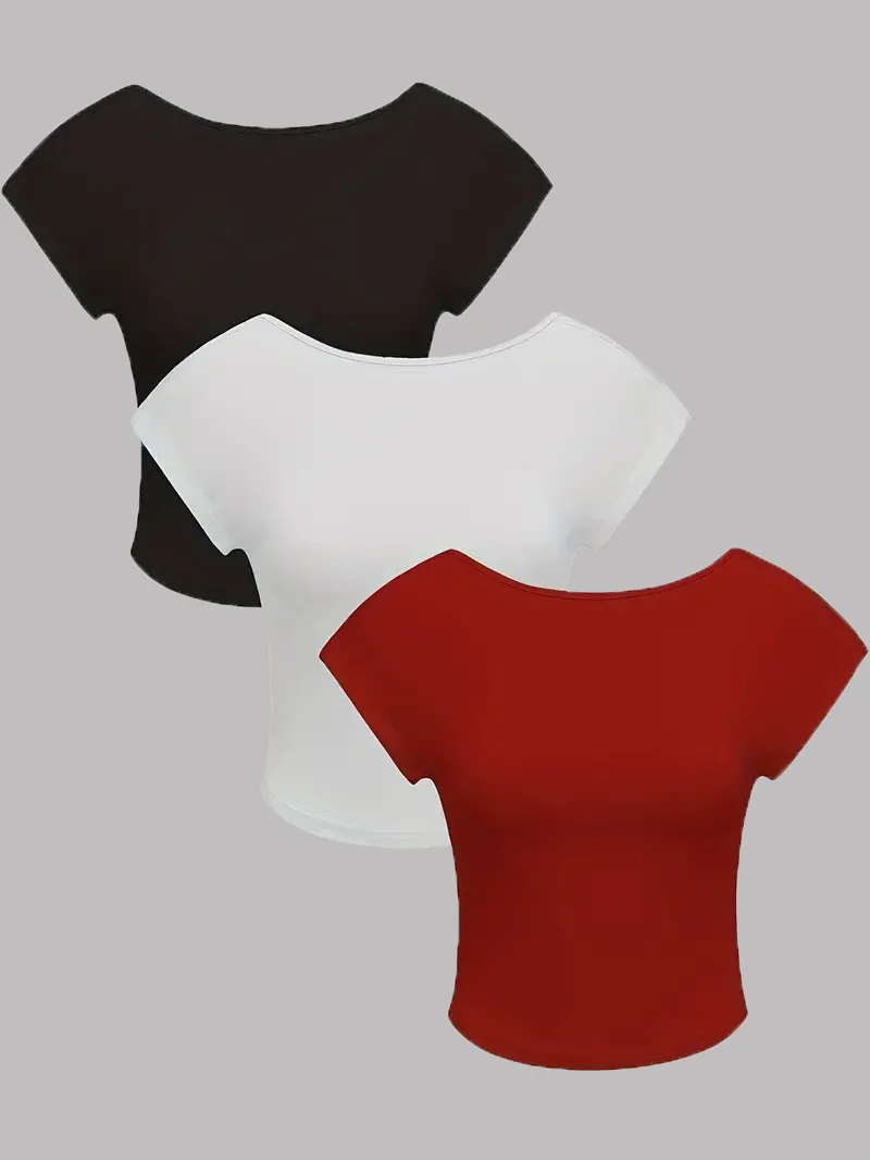 

Hot-selling women's milk silk casual backless short-sleeved T-shirt set of three pieces