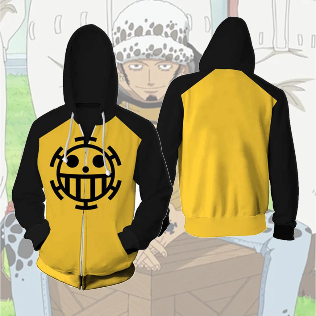 Anime Trafalgar D Water Law Cosplay Hoodies 3D Print Trafalgar D Water Law Costume Zip Pullover Sweatshirt Casual Coat For Adult