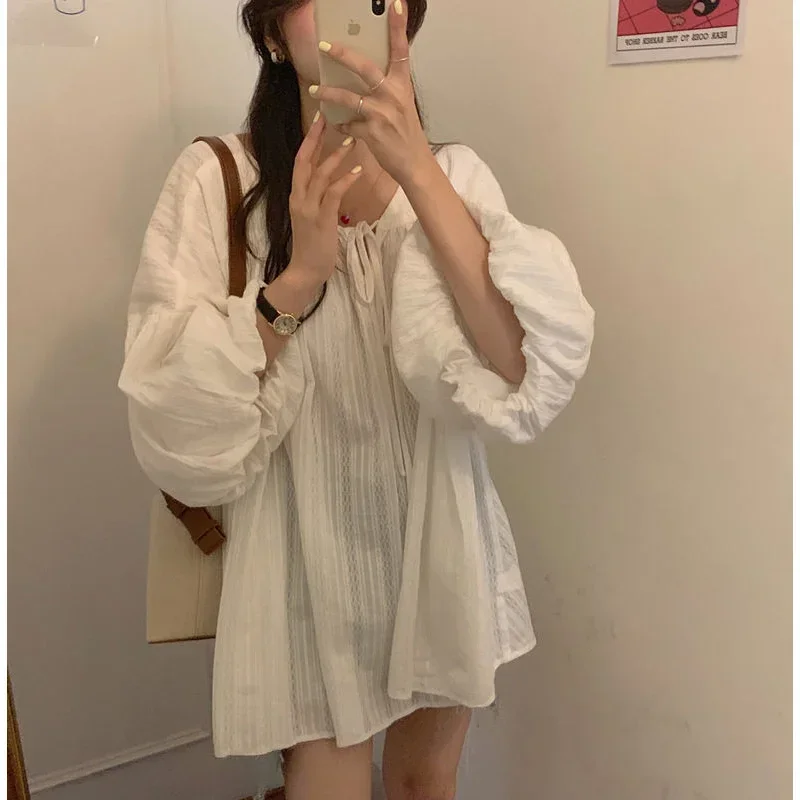 Blouses Women Korean Style Loose Fashion All-match Lantern Sleeve Female Casual Clothing Solid Simple Streetwear Top