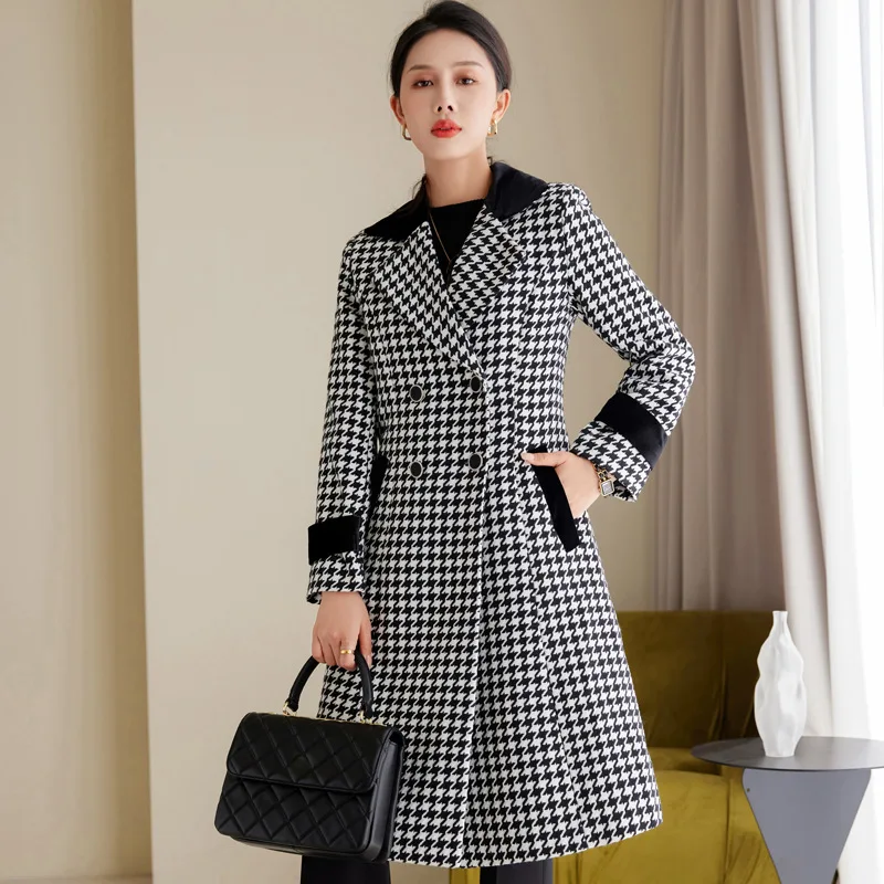 High quality wool blend long trench coat for women double breasted new winter 2024 elegant clothes - black beige plaid