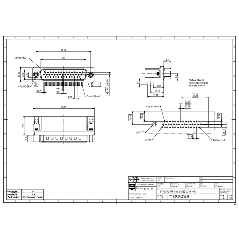 09563625813 HARTING 2A44-pin male connector with wave soldering wiring