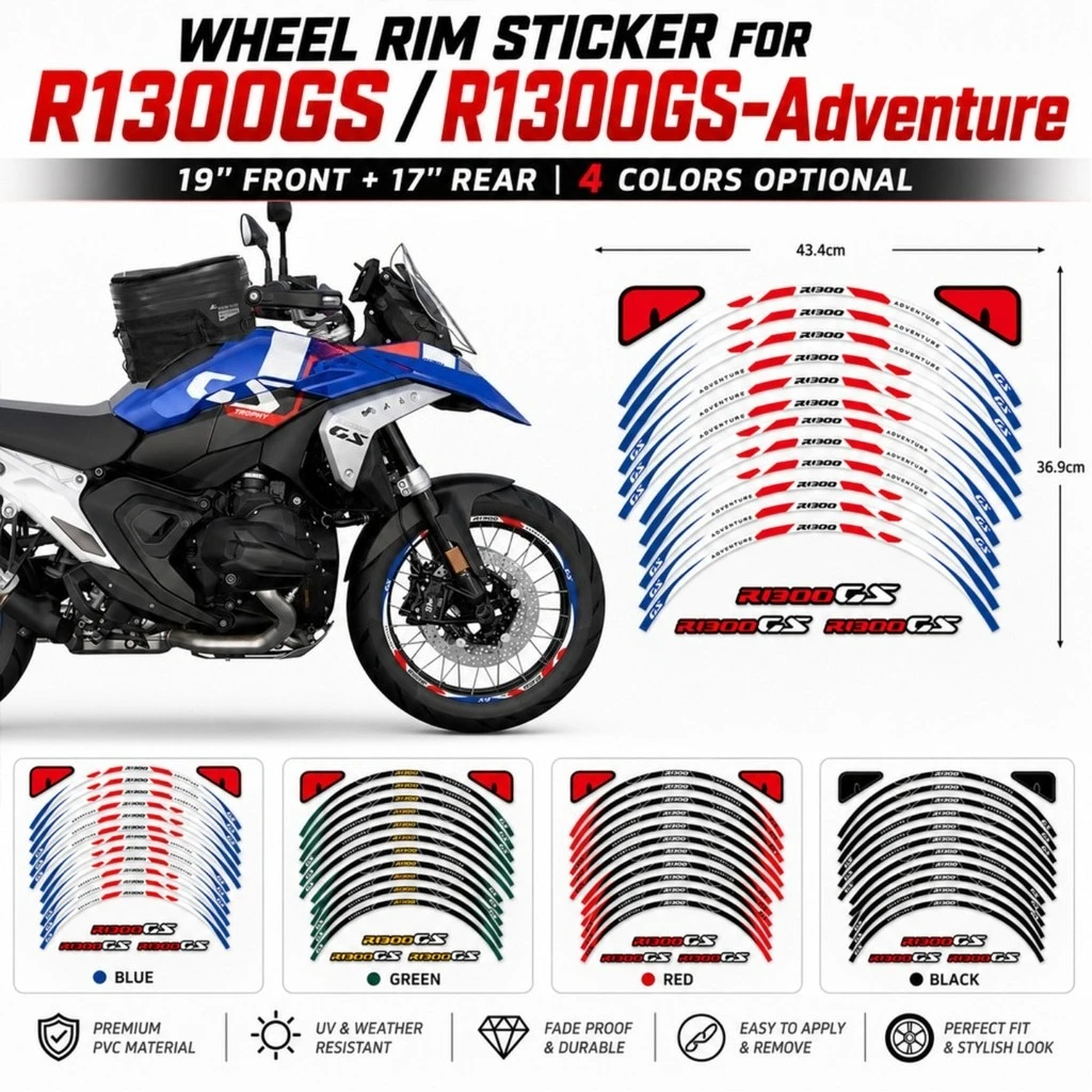 Motorcycle Wheel Rim Stickers 19" Front 17" Rear Wheel Decals Vinyl Rim Stripes Tape Accessories For R1300GS R1300GS‑Adventure