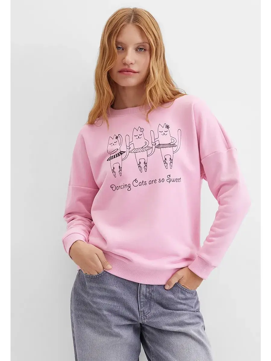 Zabawne Komiksy z Kotami Nadruk Różowe Bluzy Temperament Kobiety Moda Uliczna Okrągły Dekolt Oversize Pulower Jesień Modny Długi Rękaw