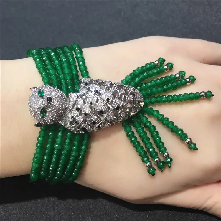 Handmade leopard micro inlay zircon clasp green stone multi-layer tassel bracelet bracelet gift box packing