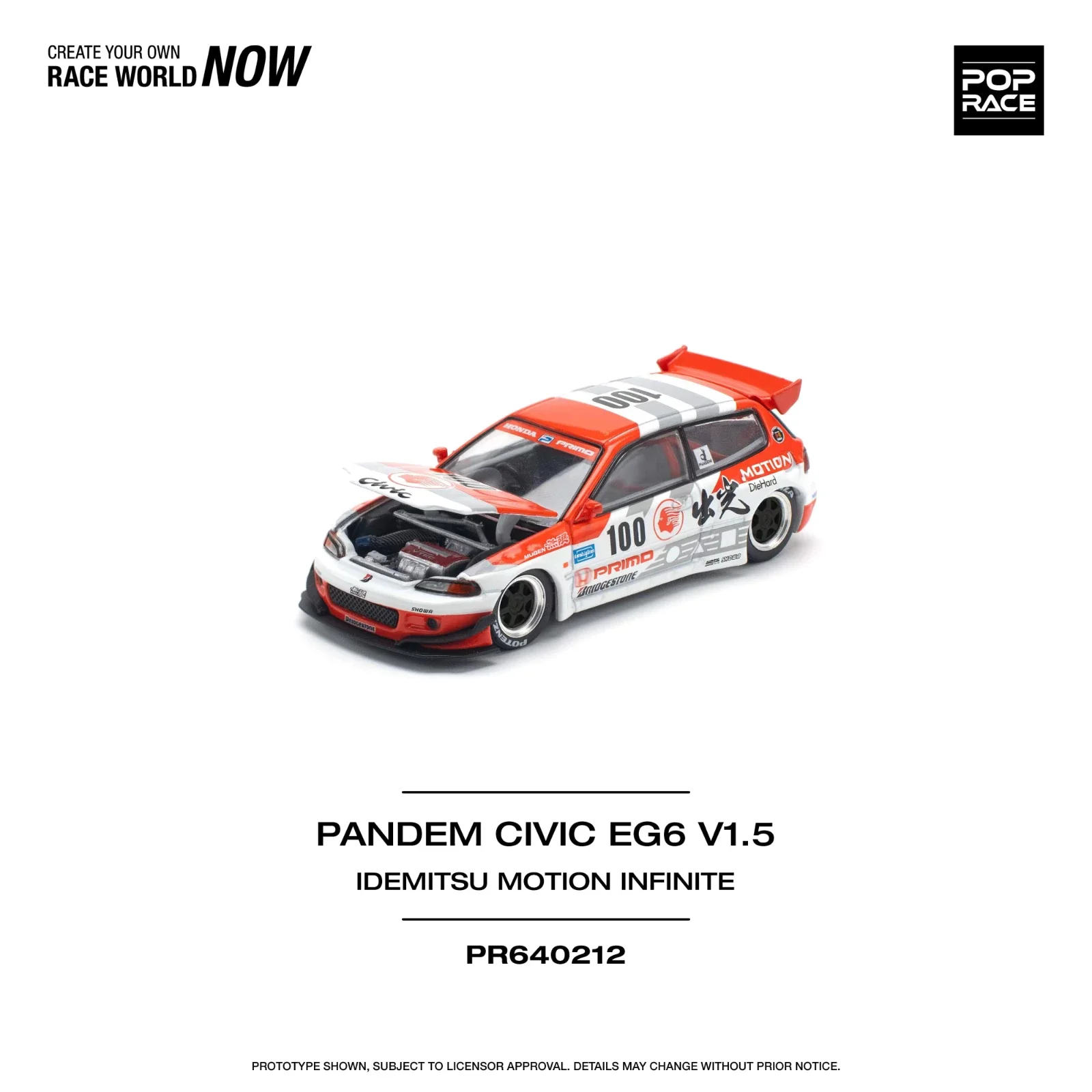 

PreSale 1:64 POP Race Pandem Civic EG6 Motion 100, отлитый под давлением капот, модель автомобиля, игрушка