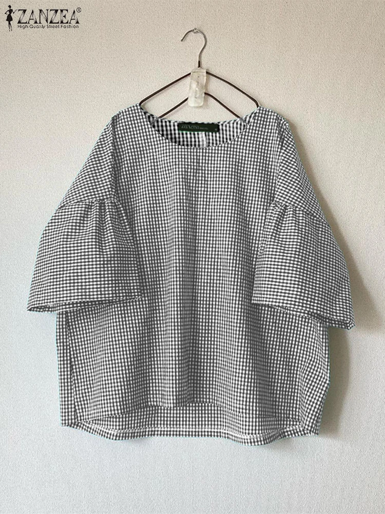 

ZANZEA клетчатая блузка женские летние топы повседневная свободная туника 2025 модные блузки с рукавами 3/4 большие пуловеры с круглым вырезом