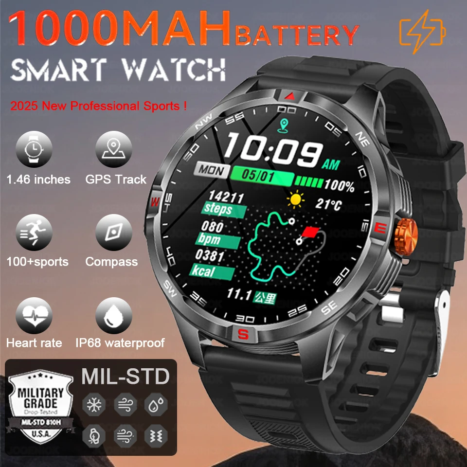 1000mAh Battery Smart Watch Men Compass IP68 Waterproof Bluetooth Call 1.46 INCH HD Screen Heart Rate Sports 2025 New Smartwatch