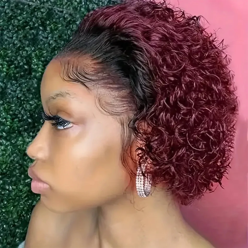 Short Curly Lace Front Human Hair Wigs Pixie Cut Wigs Transparent Ombre 99J Burgundy Blonde Brown Water Deep Wave Lace Front Wig