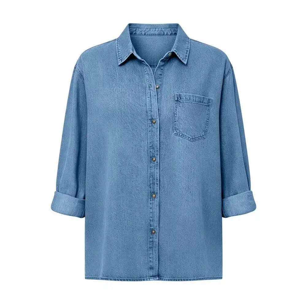 Denim Blouse Women Denim Shirt Jacket Lapel Long Sleeve Coat Button-down Loose Fit Tops Solid Color Autumn Outerwear for Women