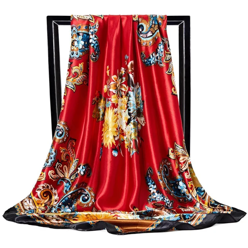 90X90CM Shawls Four Seasons Square Kerchief 2022 Popular Sunscreen Headcloth Fashion Colour Silk Scarves Luxury Print Bandannas