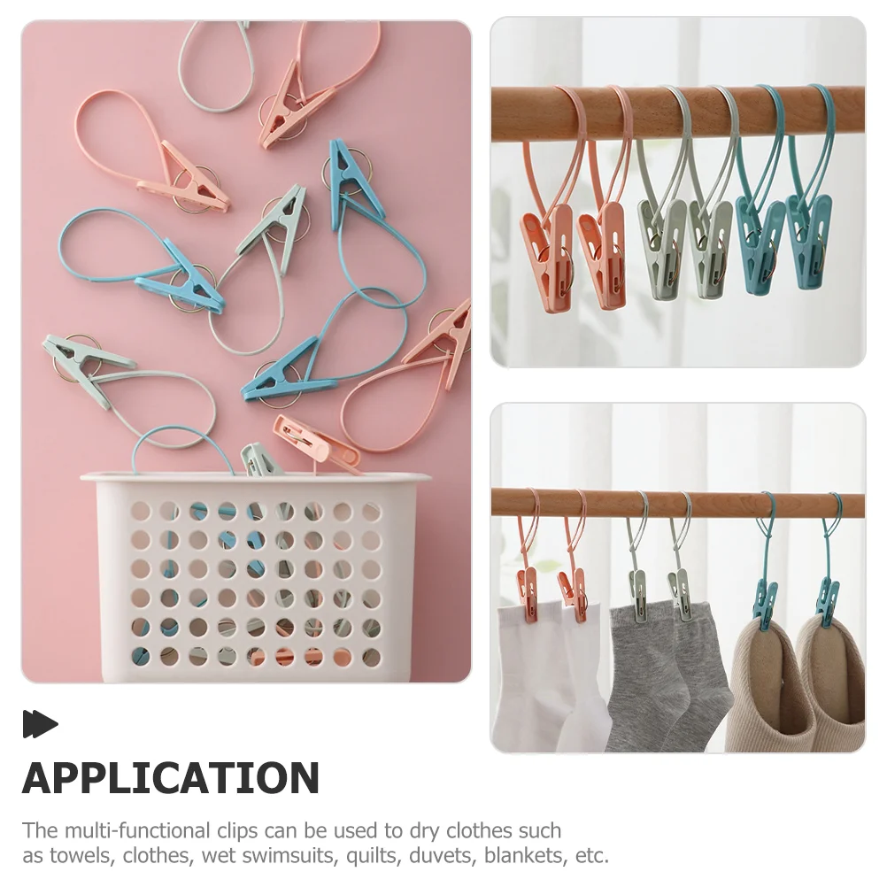12Pcs Windproof Clothespins Anti Slip Drying Clips With Rope Household Quilt Clips Multipurpose Laundry Pegs Blanket Clamps