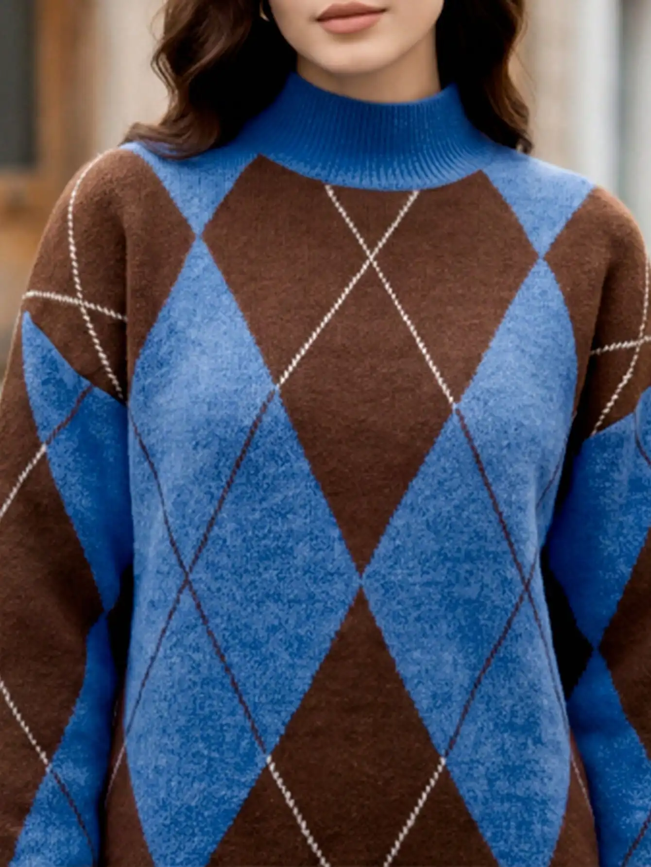 Plus Size Women Blue Brown Argyle Sweater Dress Mock Neck Long Sleeve Oversized Vintage Preppy Mini Dress Autumn Winter - view 6