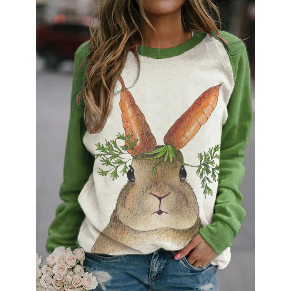 2024 Cross-border European and American women's new 3d printed rabbit pattern printed round neck long sleeve hoodie woman