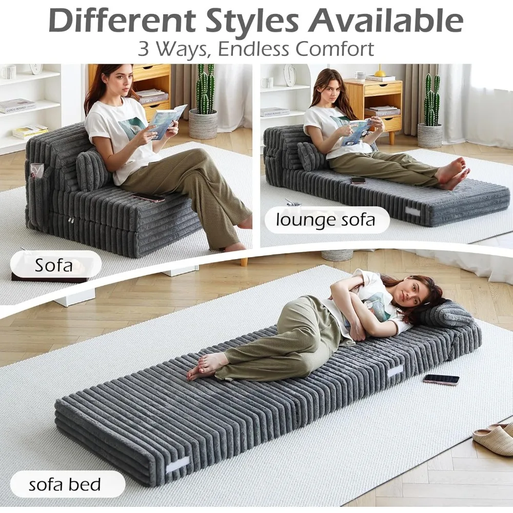 سرير أريكة سروال قصير 4 أضعاف - كرسي نوم قابل للتحويل مع وسادة مستطيلة، مرتبة أرضية للإعلان #4