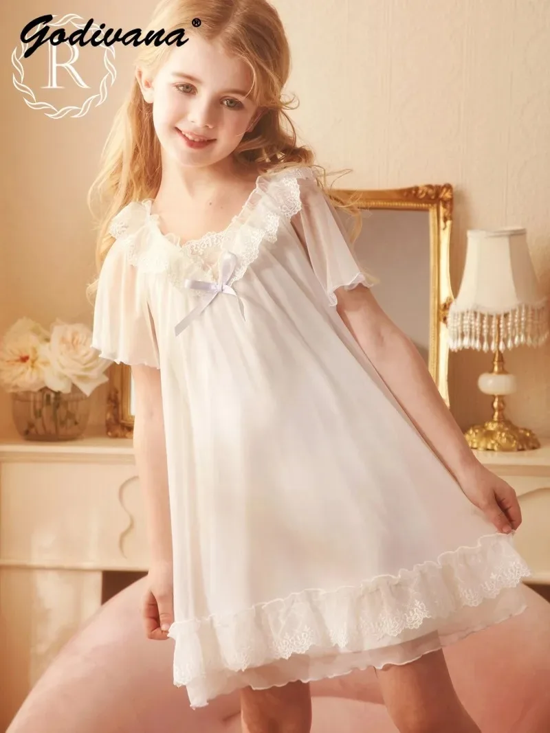 

Little Girls Princess Lace Splicing Mesh Dress 2026 Summer Thin Ice Silk Short Sleeve V-neck Loose Court Style Girls Nightgowns
